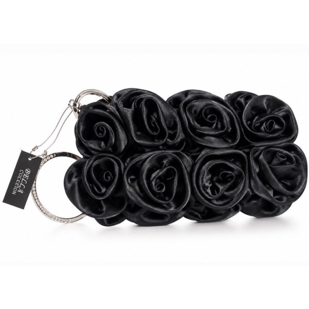 Bella Collection Black Satin 3D Rose Floral Clutch Rhinestone Wristlet Bag NEW